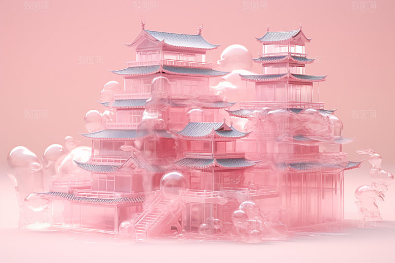 粉色玻璃建筑新中式立体模型