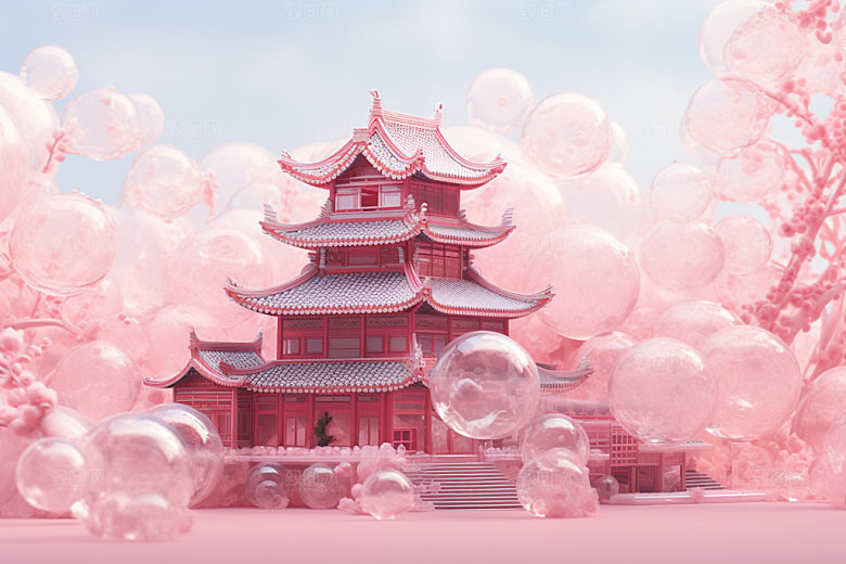 粉色玻璃建筑时尚立体模型