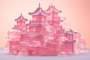 粉色玻璃建筑通透中式建筑模型