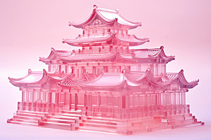 粉色玻璃建筑新中式艺术模型