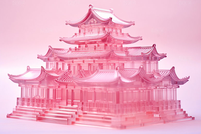 粉色玻璃建筑新中式艺术模型