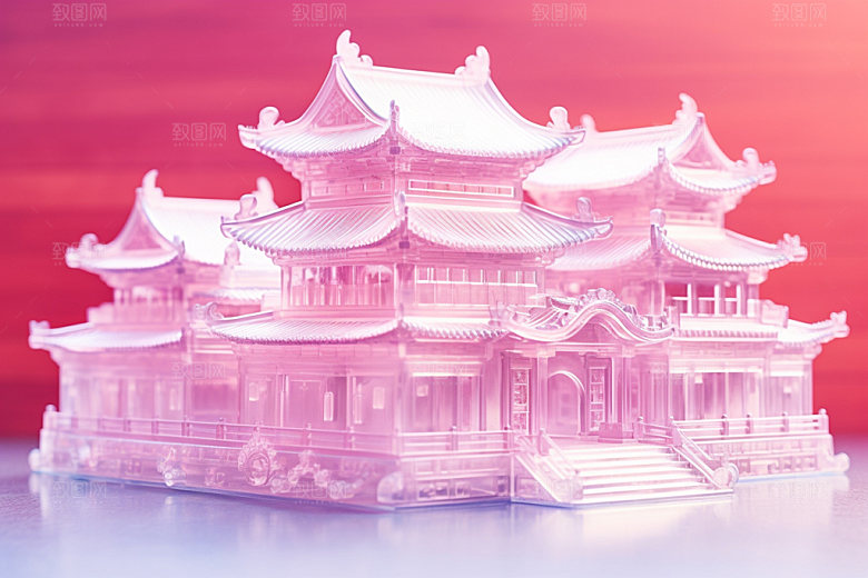 粉色玻璃建筑通透中国风模型