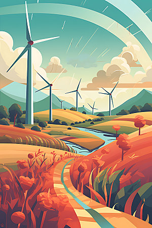 风力发电风电清洁能源插画