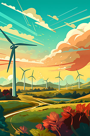 风力发电元素清洁能源插画