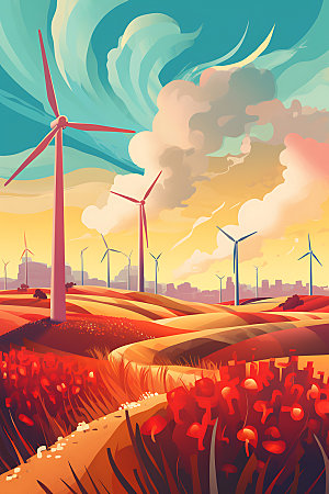风力发电环保风电插画