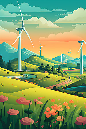 风力发电自然风车插画