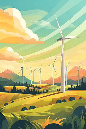 风力发电节能自然插画
