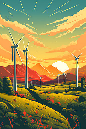 风力发电元素自然插画