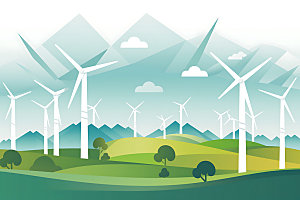风力发电自然清洁能源插画