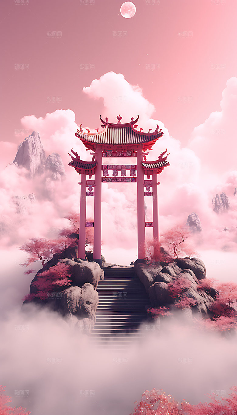 粉色七夕情人节国潮建筑背景图
