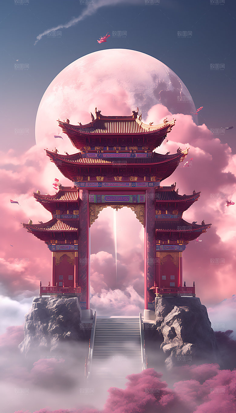 粉色七夕模型国潮建筑背景图