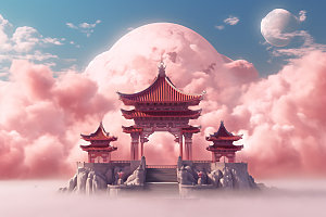 粉色七夕模型中国风建筑背景图
