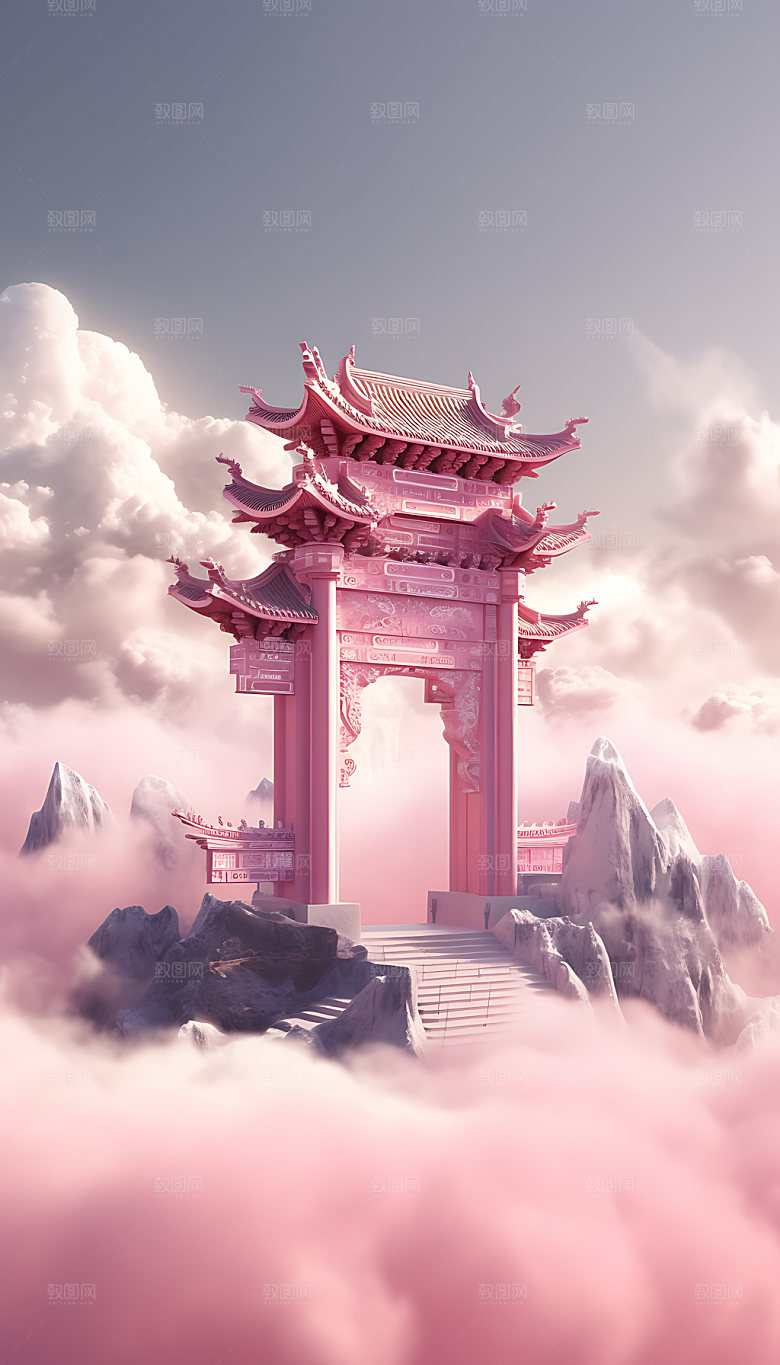 粉色七夕幻想情人节建筑背景图