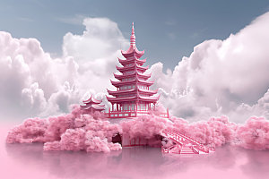 粉色七夕创意3D建筑背景图
