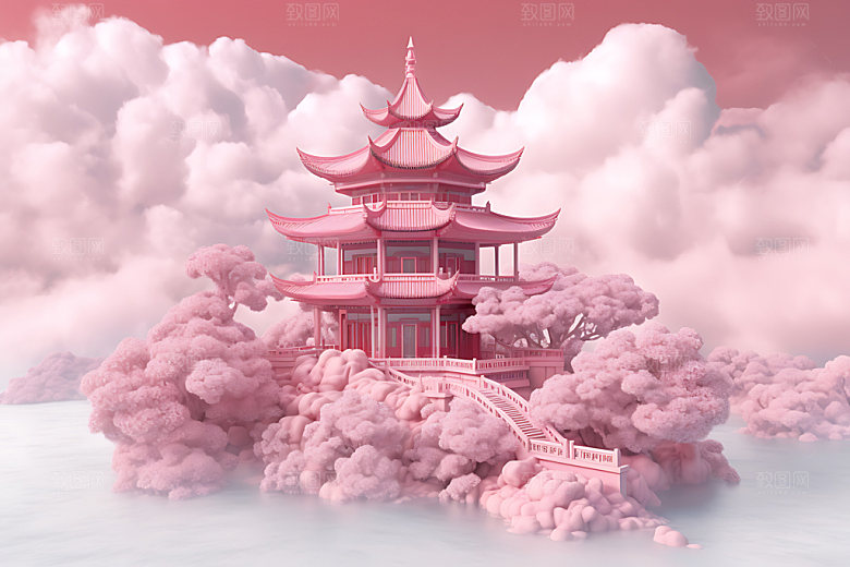 粉色七夕中国风模型建筑背景图