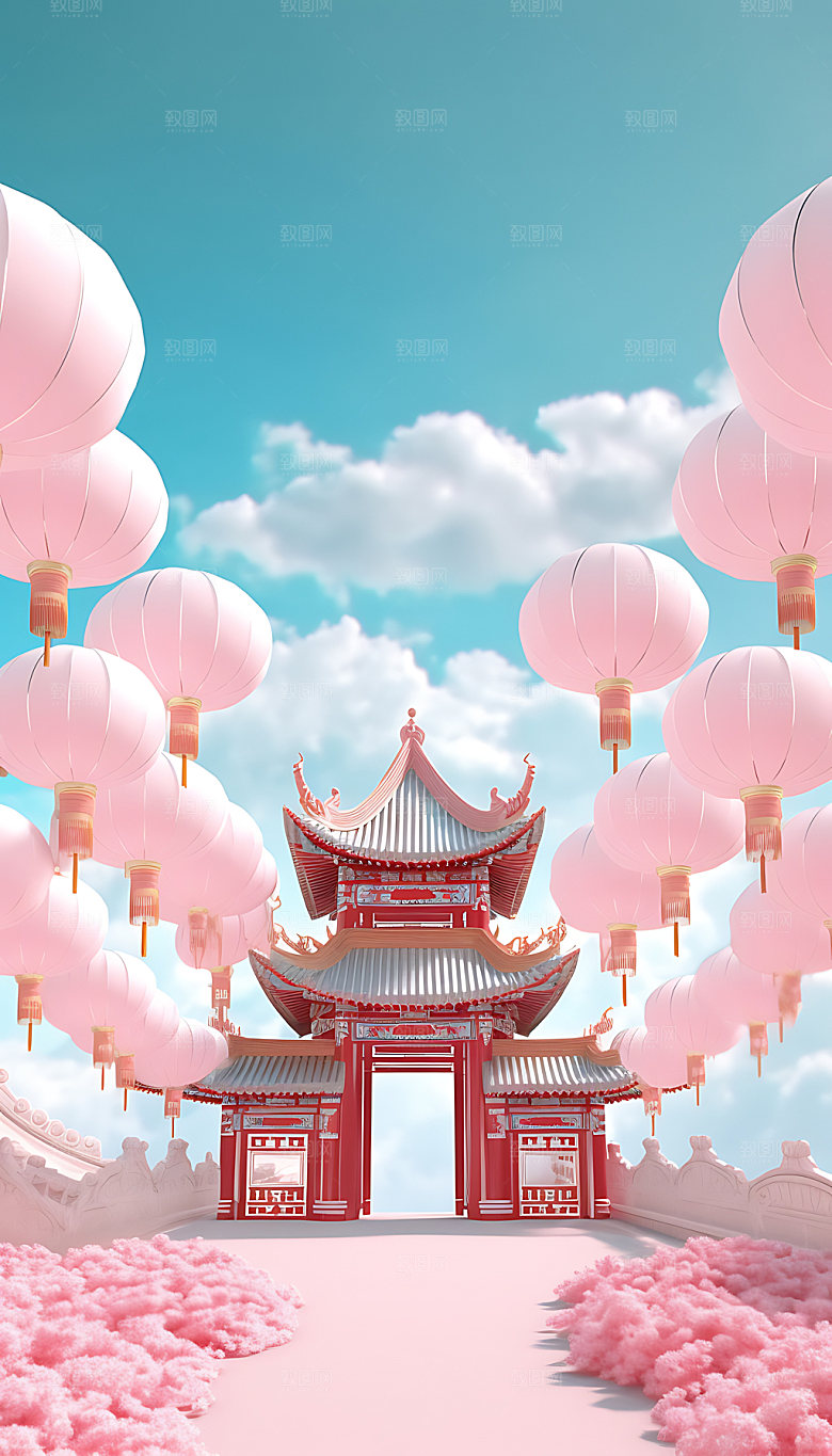 粉色七夕3D情人节建筑背景图