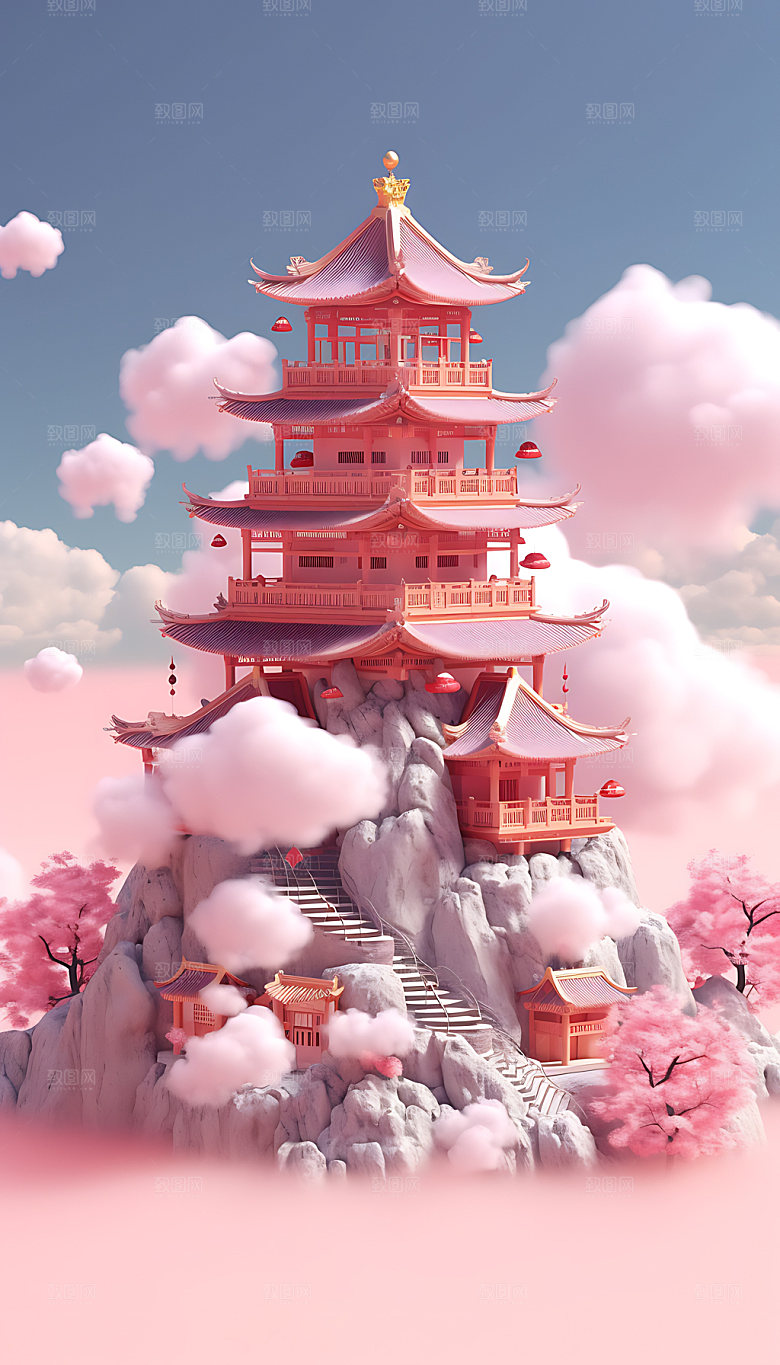 粉色七夕浪漫模型建筑背景图