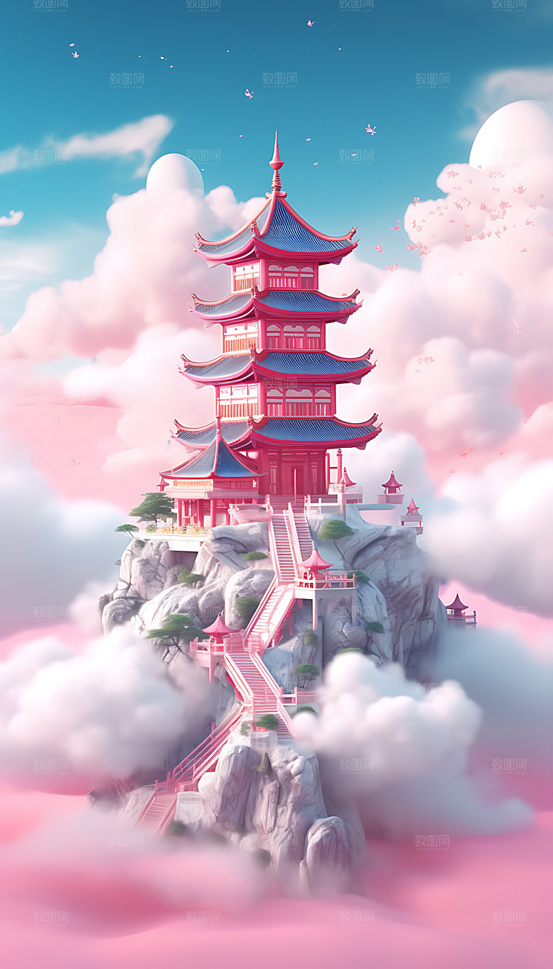 粉色七夕模型情人节建筑背景图