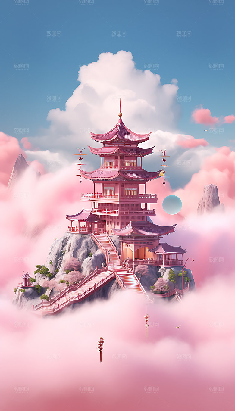 粉色七夕浪漫国潮建筑背景图