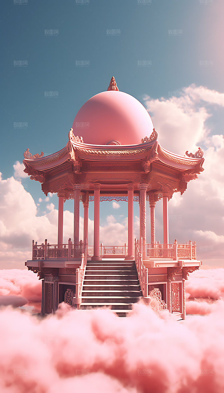 粉色七夕模型中国风建筑背景图