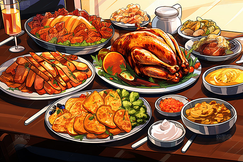 感恩节火鸡烤鸡美食插画矢量素材