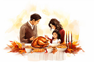感恩节人物手绘餐桌矢量插画
