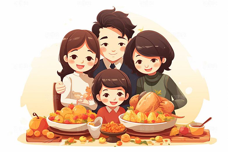 感恩节家庭合影合手祈祷矢量插画
