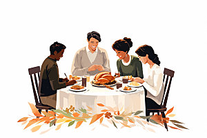 感恩节合手祈祷家庭聚会矢量插画