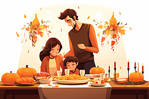 感恩节餐桌家庭聚会矢量插画
