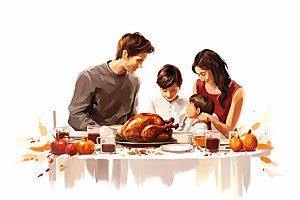 感恩节餐桌家庭聚会矢量插画