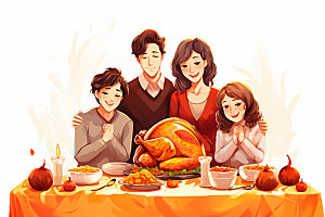 感恩节人物手绘家庭聚会矢量插画