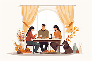 感恩节餐桌人物手绘矢量插画