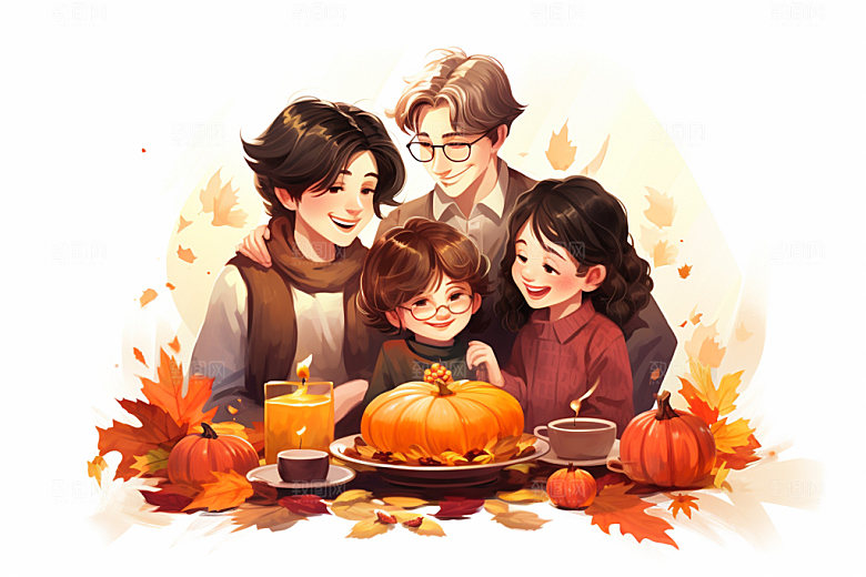 感恩节家庭聚会感恩矢量插画