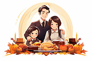 感恩节餐桌家庭合影矢量插画