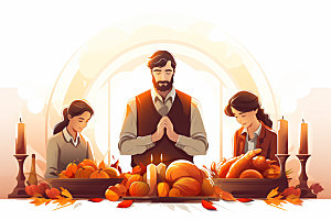 感恩节餐桌合手祈祷矢量插画
