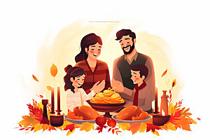 感恩节家庭聚会人物手绘矢量插画