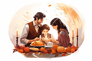 感恩节餐桌人物手绘矢量插画