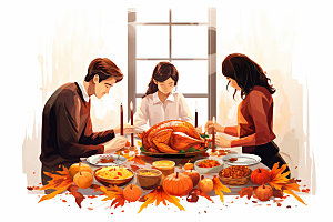 感恩节家庭合影餐桌矢量插画