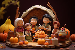 感恩节家庭聚会立体人物模型矢量素材