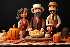 感恩节立体人物模型家庭聚会矢量素材