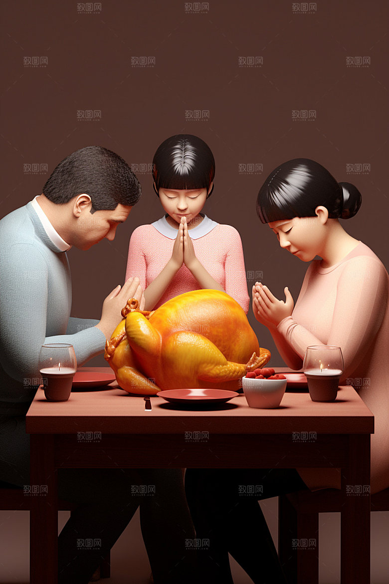 感恩节合手祈祷温馨合影矢量素材