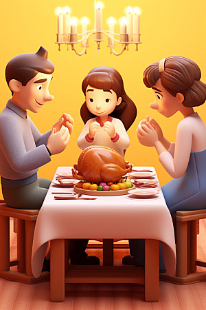 感恩节卡通家庭聚会矢量素材