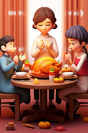 感恩节卡通家庭聚会矢量素材