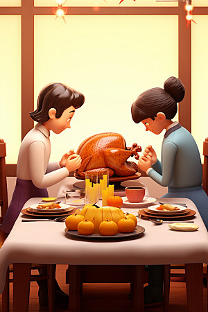 感恩节餐桌家庭聚会矢量素材
