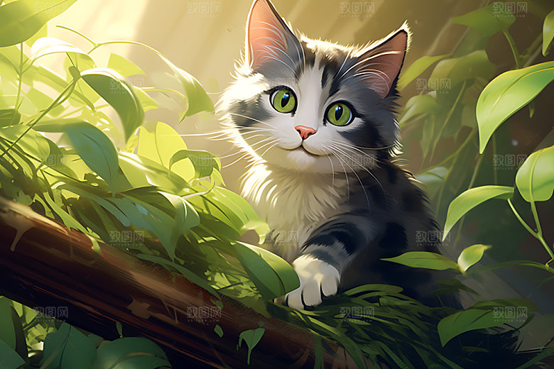 灌木丛小猫高清童话插画