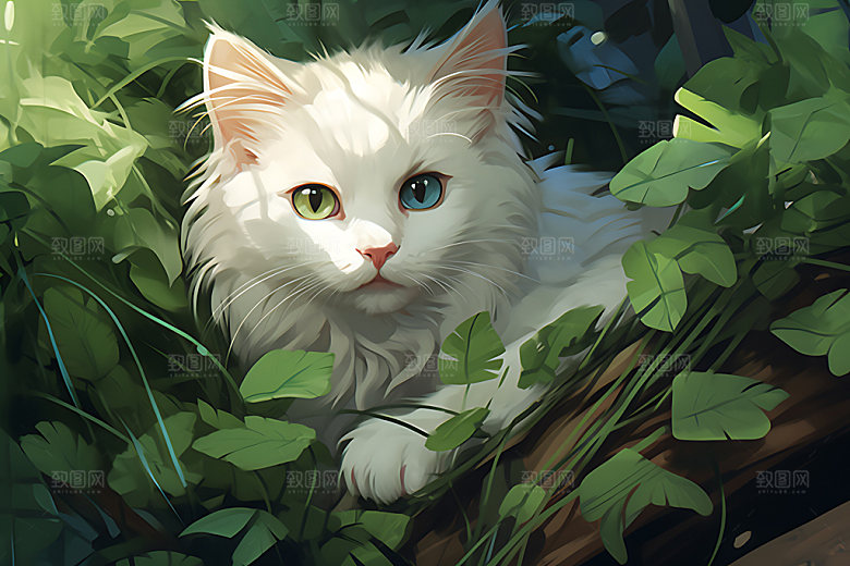 灌木丛小猫自然可爱插画