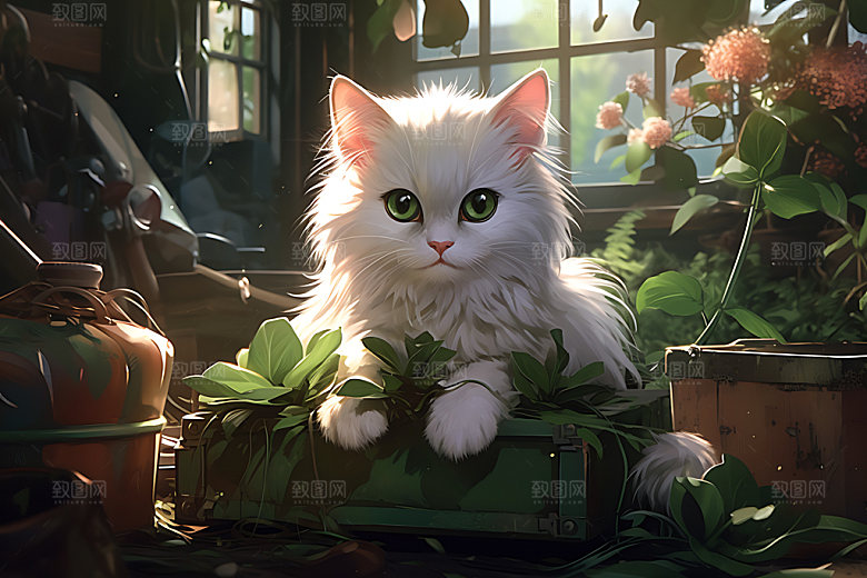 灌木丛小猫童话森林猫咪插画