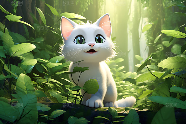 灌木丛小猫童话小动物插画