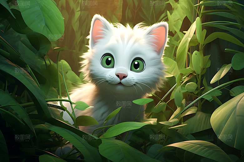 灌木丛小猫自然清新插画