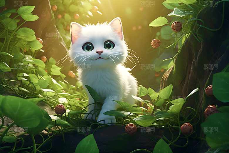 灌木丛小猫清新小动物插画